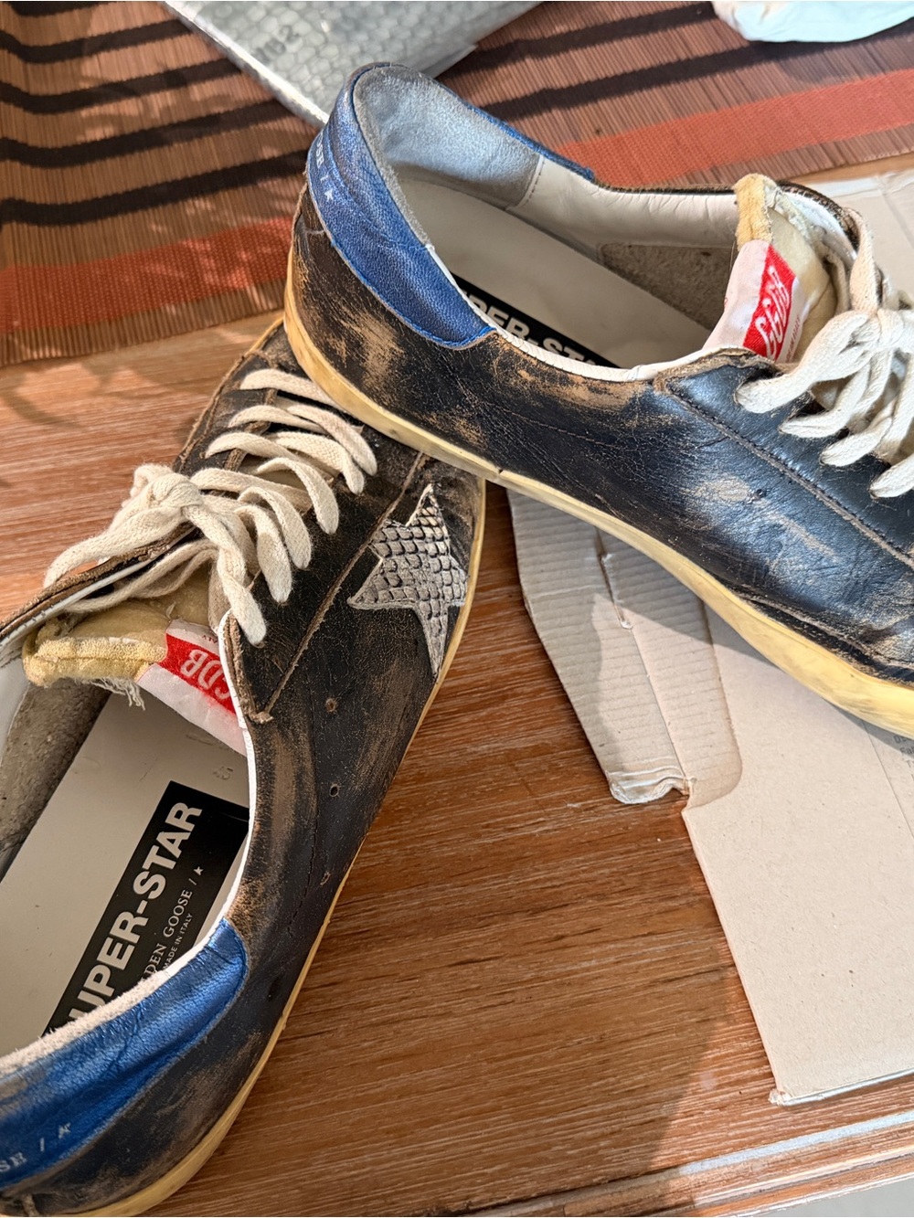 💯 AUTHENTIC FROM GOAT. Golden Goose Men's Black Leather Sneakers with Blue Heel